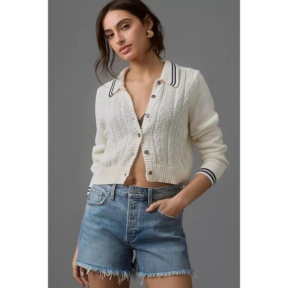 Anthro Maeve Cream Knit Cardigan Sweater Women's Size Medium Collar Button Up - Picture 1 of 7